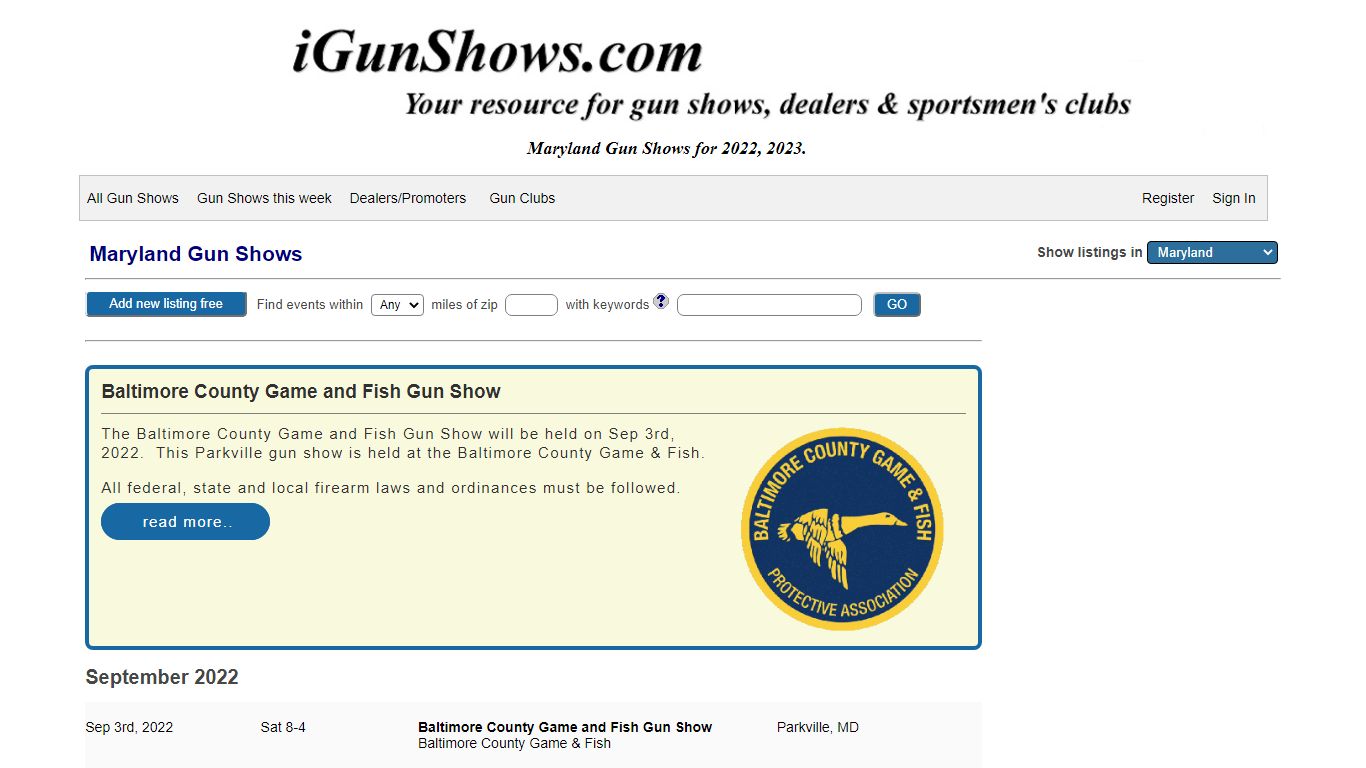 Maryland gun shows • 2022, 2023 list of gun shows in Maryland