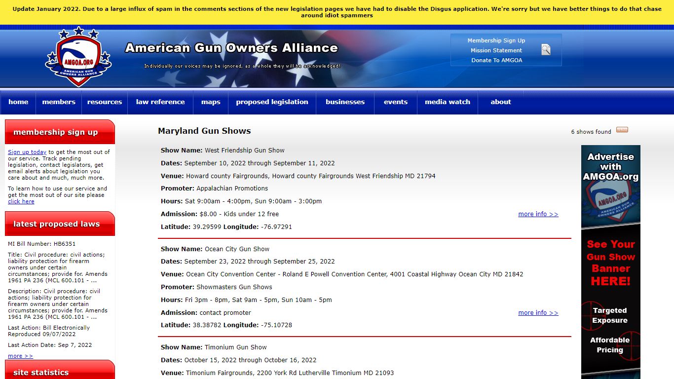 Maryland Gun Shows :: American Gun Owners Alliance